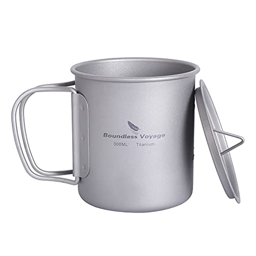 iBasingo 300ml Camping Becher Outdoor Tasse Titan Trinkbecher Mug mit Deckel & Klappgriff Ultraleichter Tee Kaffee Wasserbecher Picknick Kochgeschirr Ti3034D
