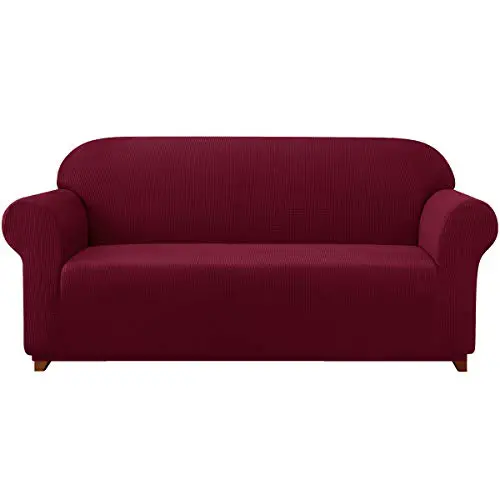 subrtex Spandex Sofabezug Stretch Sofahusse Couchbezug Sesselbezug Elastischer Antirutsch Stretchhusse für Sofa (3 Sitzer, Weinrot-1)