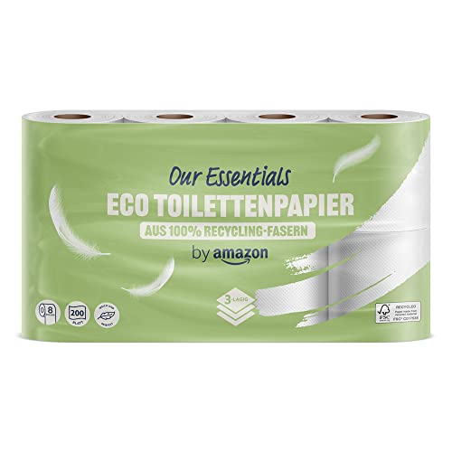 by Amazon ECO Toilettenpapier aus 100% Recycling-Fasern 3-lagig, 200 Blatt, 8 Rollen, 1er-Pack