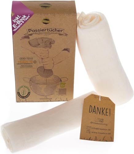 TreeBox Passiertuch - Premium Bio-Baumwolle & Leinen Käsetuch Set - Reißfest & Ultra-Fine für Präzise Filtration - Passiertuch Wiederverwendbar - Cheesecloth - Perfekt für Saft und Suppe - 2 Stück