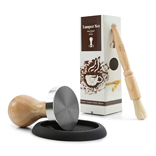 TampTation Tamper 58mm Set - Barista Kaffee Set/inkl. Silikonmatte und GRATIS Siebträger Pinsel - Premium Set aus hochwertigem Eichenholz und reinem Edelstahl
