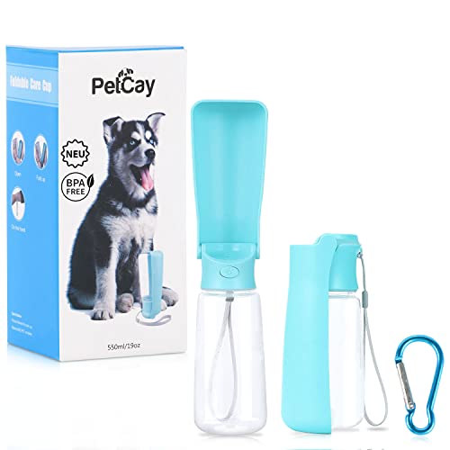 PetCay BPA frei & lebensmittelecht 550ml Faltbare Trinkflasche für Hunde mit Karabiner für Unterwegs, Reise und Wandern -Tragbare Hundetrinkflasche Wasserflasche