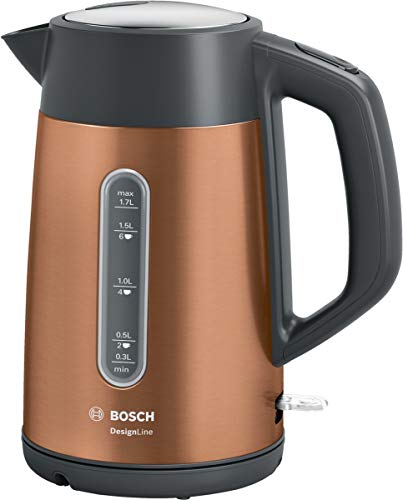 Bosch kabelloser Wasserkocher DesignLine TWK4P439, Ausgießen ohne Spritzer, Tassenanzeige, Wasserstandsanzeige beidseitig, Überhitzungsschutz, 1,7 L, 2400 W, kupfer