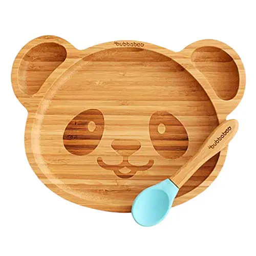 Bubbaboo Bambusplatte und Löffel Set Baby-Saugplatte Panda Design (Blau)