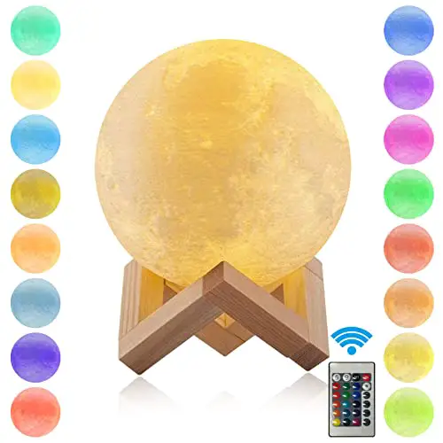 Mycket Moon Lamp 2023 Upgrade LED Beleuchtung 3D gedruckt 16 Farben Mondlicht 15 cm mit Fernbedienung und Touch-Steuerung, verstellbare Helligkeit, USB wiederaufladbarer,Holzständer kreatives Geschenk