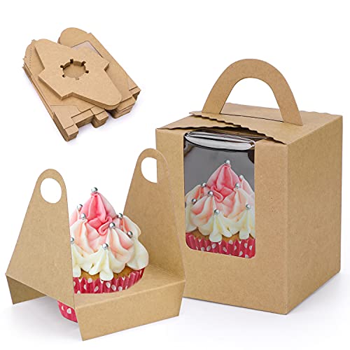 HOWAF einzeln Cupcake Boxen Kraftpapier Cupcakes Behälter tortenkartons mit Fenstereinsatz und Griff für Verpackung Kuchen, Kekse, Cupcakes (25er Pack)