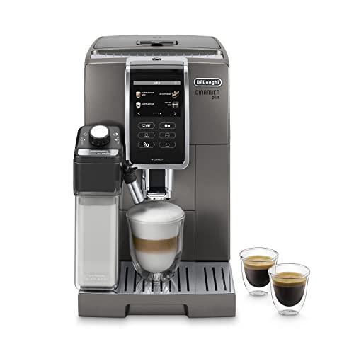 De'Longhi Dinamica Plus ECAM 370.95.T, Kaffeevollautomat mit Milchsystem, Cappuccino und Espresso auf Knopfdruck, 3,5 Zoll TFT Touchscreen Farbdisplay und App-Steuerung, Kaffeekannen-Funktion, Titan