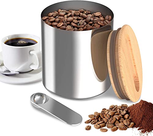 YUANJ Kaffeedose Luftdicht Edelstahl mit Löffel, Kaffeedosen mit Buche Abdeckung, Vorratsdose für Kaffeebohnen Tee Kakao Nüsse Kaffeepulver (1L)