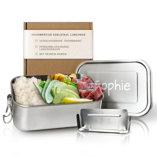 LOOXIS Personalisierte Lunchbox aus Edelstahl mit Namen o. Text graviert – Geschenk-Idee für Kinder, Einschulung, Geburtstag – mit Fächern, inkl. Abtrennung, Brotdose, Bento-Box – M