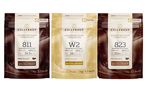CALLEBAUT Receipe No. 811, 823 und W2, Kuvertüre Callets, Zartbitterschokolade, Milchschokolade und weiße Schokolade, 1kg - 3er Pack