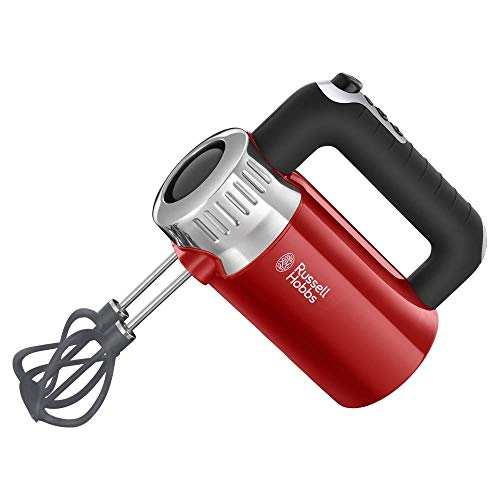 Russell Hobbs Handmixer [Handrührgerät] Retro Rot (4 Geschwindigkeitsstufen+Turbo, 2 Helix-Rührbesen aus glasfaserverstärktem Nylon für besseres Mixen + 2 Knethaken, BPA-frei) Handrührer 25200-56