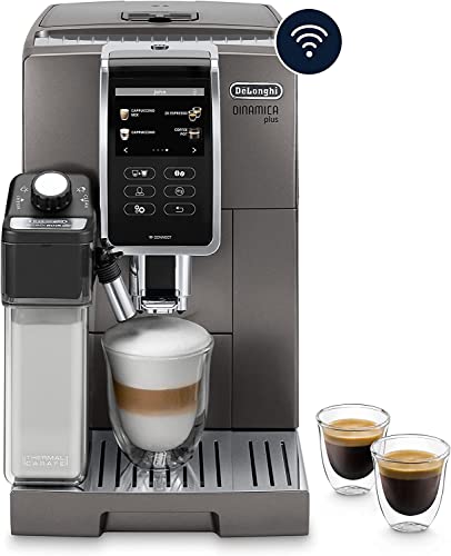 De'Longhi Dinamica Plus ECAM 370.95.T Kaffeevollautomat mit LatteCrema Milchsystem, Cappuccino und Espresso auf Knopfdruck, Touchscreen Farbdisplay und App-Steuerung, Kaffeekannen-Funktion, Titan