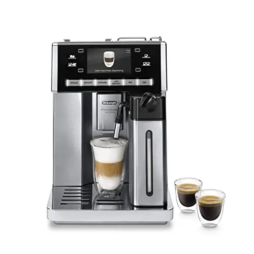 De'Longhi PrimaDonna ESAM 6900.M Kaffeevollautomat mit LatteCrema Milchsystem, Cappuccino und Espresso auf Knopfdruck, 4,6 Zoll TFT Farbdisplay, Trinkschokoladenfunktion, Edelstahlgehäuse, silber