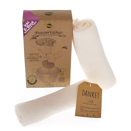 TreeBox Passiertuch - Premium Bio-Baumwolle & Leinen Käsetuch Set - Reißfest & Ultra-Fine für Präzise Filtration - Passiertuch Wiederverwendbar - Cheesecloth - Perfekt für Saft und Suppe - 2 Stück
