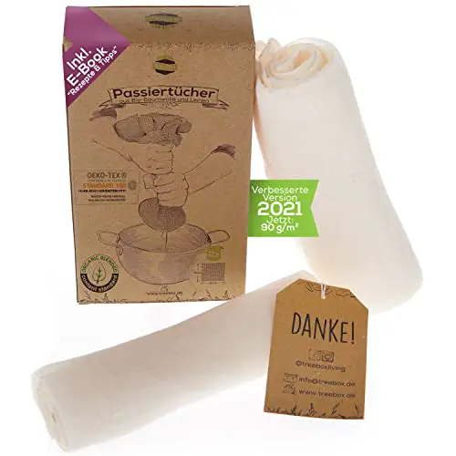 TreeBox Passiertuch - Reißfestes Käsetuch aus Bio-Baumwolle und Leinen - Besonders Fein - Wiederverwendbar - Waschbar - Perfekt für Saft und Suppe - 2 Stück