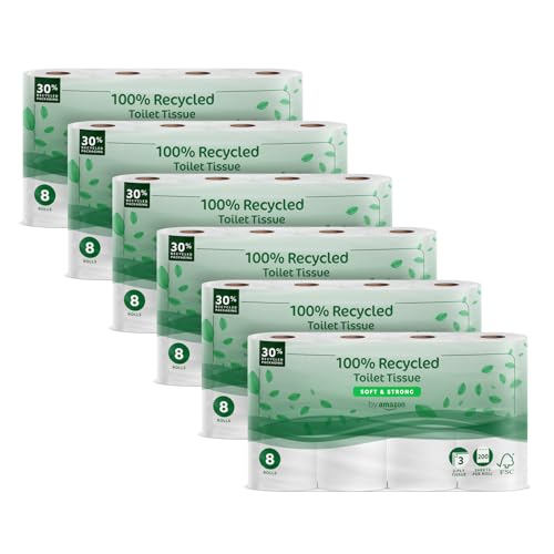 by Amazon 3-Lagiges Ohne Duft Toilettenpapier, 100% Recycelt, 48 Rollen 8 Stück (6er-Pack), 200 Blätter pro Rolle (früher Presto!)