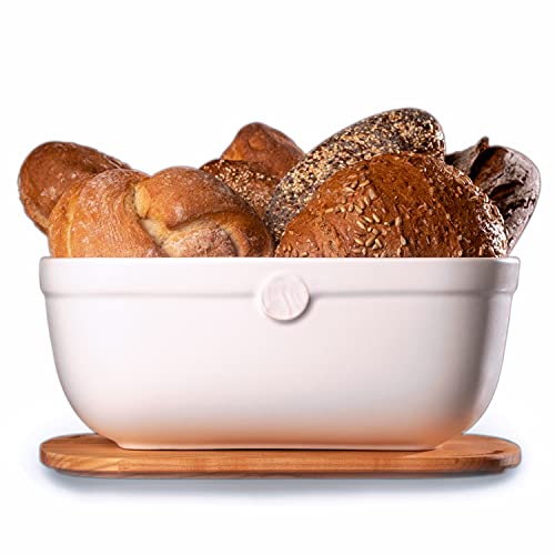 Küchenspecht Brotkasten aus Keramik - Brotkasten weiß 36 x 25 x 14 cm mit Deckel aus Kirschholz - Made in Europe - hält Brot extra lange frisch