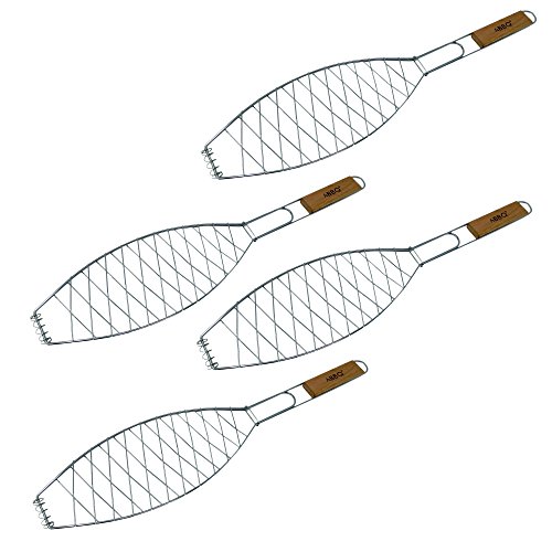ToCi 4X Fischgriller (Silber) mit Holzgriff | Große Fischbräter Gemüsekorb aus Metall (57 x 13 cm) | Grillfisch Rack Fischgrillzange Fischkorb für Grill und BBQ