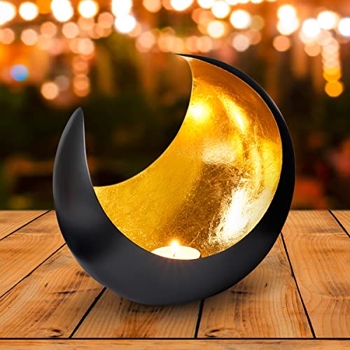 MAADES Windlicht Laterne orientalisch Moon Groß 20cm Gold | Orientalische Vintage Teelichthalter Schwarz von außen und Goldfarben innen | Marokkanische Windlichter aus Metall als Dekoration