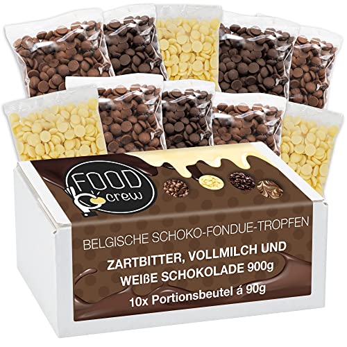 FOOD crew 900g belgische Schokolade für Fondue - Schoko-Mix aus Vollmilch, Zartbitter & Weiß - Schokolade für Schokobrunnen – Schoko Kuvertüre Drops - 10 Portionsbeutel einzeln verpackt