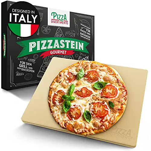 Pizza Divertimento - DAS ORIGINAL - Pizzastein für Backofen & Gasgrill – Vergleich.org ausgezeichnet - Pizza Stein aus Cordierit bis 900 °C – Für knusprigen Boden & saftigen Belag - Inkl. e-Rezeptbuch