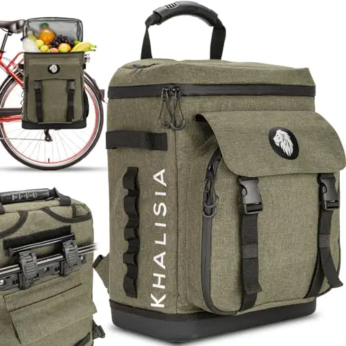 KHALISIA -NEUAUFLAGE - Fahrradtasche Rucksack mit Kühlfach - Fahrrad Zubehör - mit extra Picknick-Fach - isolierte Gepäckträgertasche - Khaki - 25 Liter