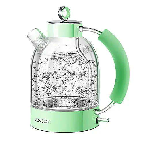 ASCOT Wasserkocher Glas, Glas Wasserkocher Elektrischer Wasserkocher Edelstahl, 2200W, 1,6L, Retro Design, BPA frei, leiser Schnellkochkessel, Trockengehschutz und automatische Abschaltung