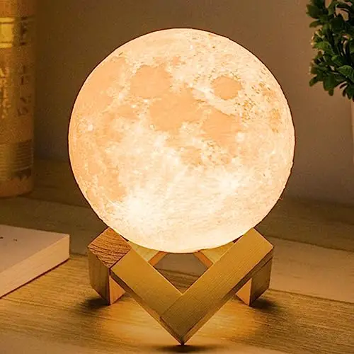 Mydethun Mondlampe 3D Moonlight 12cm mit Holzständer Touch Control und USB wiederaufladbar weiß & gelb Geschenke für Frauen Mädchen Mutter Heimdekoration