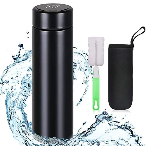 Flintronic Thermosflasche, 500ML Wasserflasche Vakuum Isolierbecher 304 Edelstahl, LCD-Touchscreen-Temperaturanzeige, Smart Becher Dichtflasche Ideal für Hitze und Kälte - Schwarz