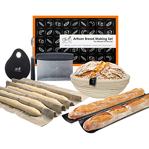 Bäckerbrot-Backset –6-teilige – Garkörbchen/Banneton Brotform | Französisches Bäckerleinen | Bäckermesser | Baguette Backform | Teigschneider | Teigschaber