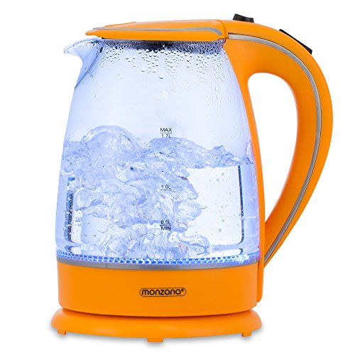 Monzana LED Wasserkocher 1,7 L 360 Grad Basis Abschaltautomatik Kalkfilter Teekocher Glas Edelstahl 2200 W Küche Orange