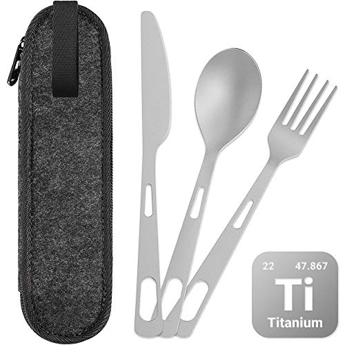 ecooe Titan Outdoor Reisebesteck 3 Stücke Messer/Gabel/Löffel, Campingbesteck mit Filztasche, Ultra-leicht Besteckset für Outdoor Leicht zu Tragen