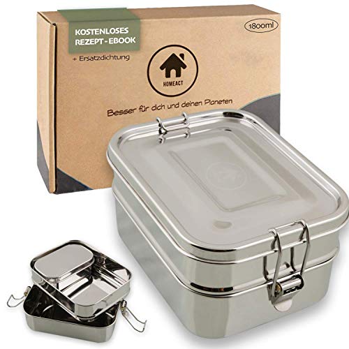 homeAct Edelstahl Lunchbox 2.0 Premium - 3-in-1 auslaufsicher | 1800ml Lunchbox Metall inkl. GRATIS Zusatzband | klimaneutral | Edelstahl Bento Box Brotbüchse | Vesperdose für Schule & Arbeit