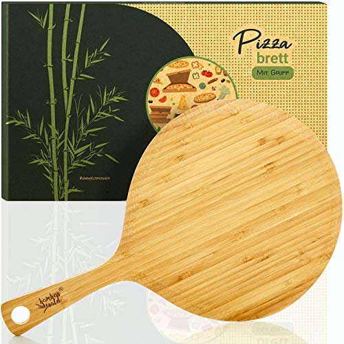 bambuswald© ökologisches Pizzabrett mit Griff aus 100% Bambus ca. 41x25,5x0,9cm ideal für Pizza & Flammkuchen | Pizzaschieber Brotschieber Pizzaheber Pizzaschaufel Servierbrett Pizzateller