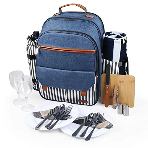 Sunflora Isolierter Picknick-Rucksack für 2 Personen Tasche mit Kühlfach, Weinbeutel, Decke und Edelstahl-Besteck-Set für Paare, Verliebte und Freunde (Blau & Streifen)