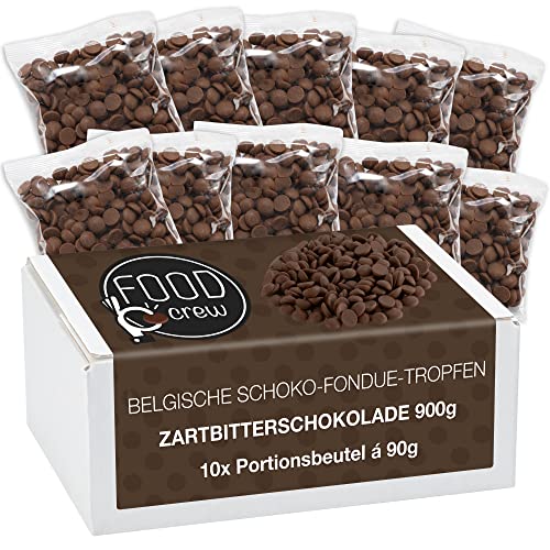 FOOD crew 900g belgische Schokolade für Fondue Zartbitter - Schokolade für Schokobrunnen – Schoko Kuvertüre Drops – Zartbitter Kuvertüre - 10 Portionsbeutel einzeln verpackt - Silvester Schokolade