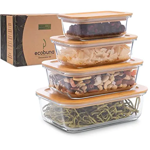 ECOBUNA® Premium Glas Frischhaltedosen [4er Set] mit hochwertigen Bambus Deckeln- Vorratsdosen Set – Glasdosen mit Holzdeckel - Aufschnittbox -Käsebox-nachhaltig