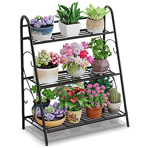 3-Etagen-Metall-Pflanzenständer, Pflanzen-Display-Regal, Leiter-förmigen Stand Regal, Topf-Halter für Indoor Outdoor Use (Schwarz)