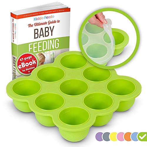 KIDDO FEEDO Silikon Babynahrung Aufbewahrung Behälter Zum Einfrieren Babybrei mit Silikondeckel - BPA-frei - 9 x 75ml - Gratis eBook mit Rezepten und Ernährungstipps - Grün