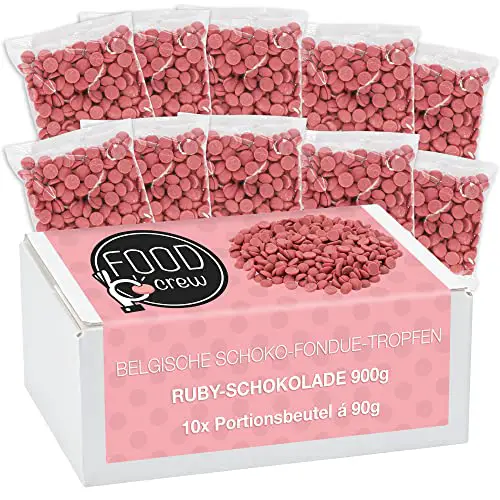 FOOD crew 900 g Belgische Ruby Schokolade Drops - Chocolate Chips – Callets Schokolade für Schokobrunnen – Schoko Kuvertüre Ruby - 10 Portionsbeutel zu je 90 g